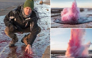 Outrage in Iceland as artist dyes Geysir pink